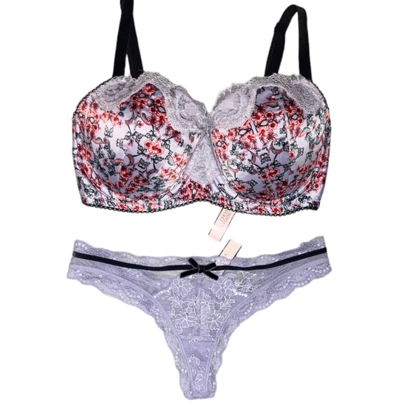 Victoria's Secret Other - Victorias Secret Angels Lined Demi Bra Purple Floral Panty lavender 34DD S NWT